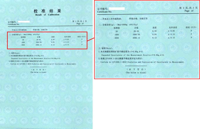 電子天平校準證書結果頁圖片